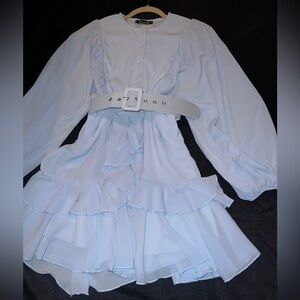 Long sleeve Ruffle Belted Dress in Winter Blue